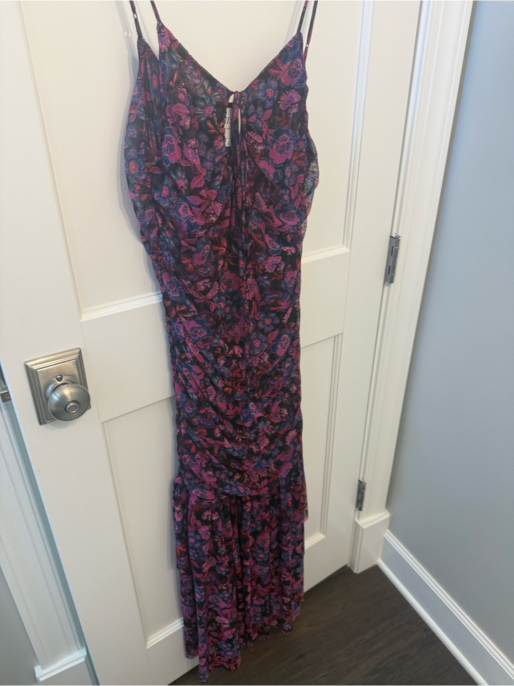Misa Los Angeles Black Floral Midi Dress with Pink & Purple Floral Print